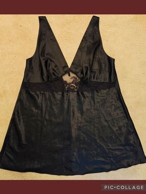 Vintage Plus Size Cacique Satin Lingerie Slip Dress w Sheer Middle & Tie Back.